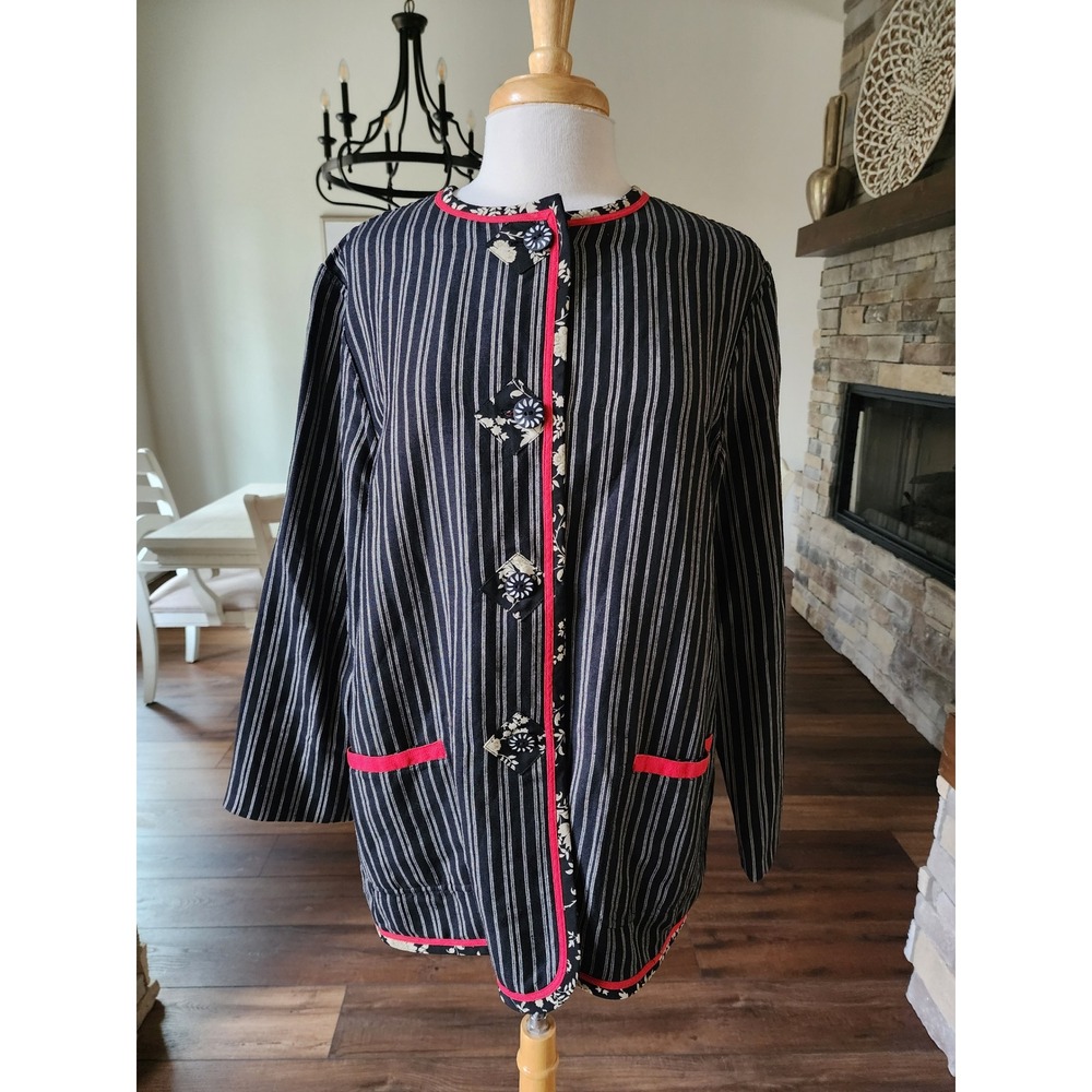 Koos of Course! Linen Blend  Reversible Stripe Kimono Jacket‎ L Floral Trim